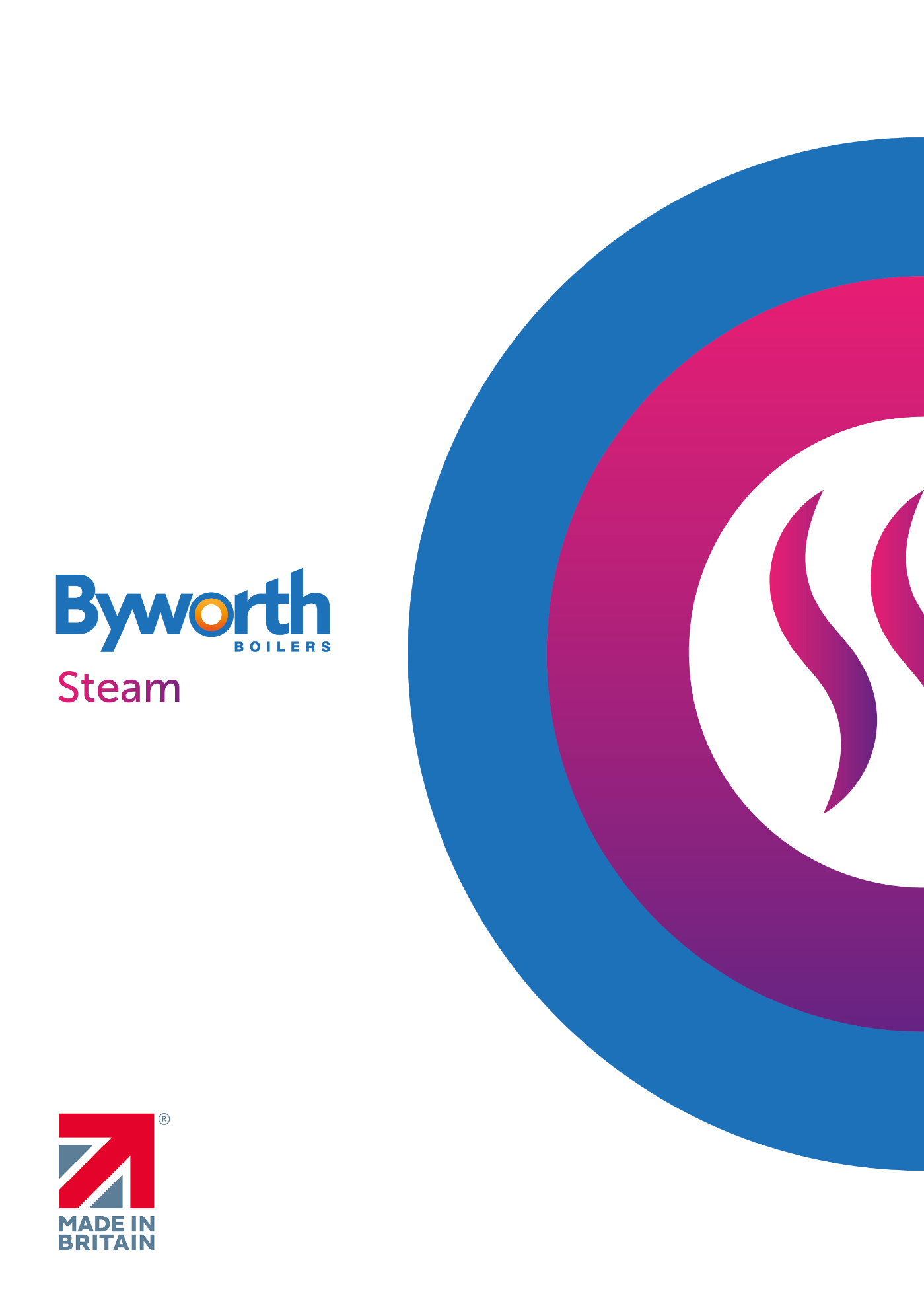 Brochure front cover for steam boilers featuring a pink and purple circle with steam symbol and the Byworth logo